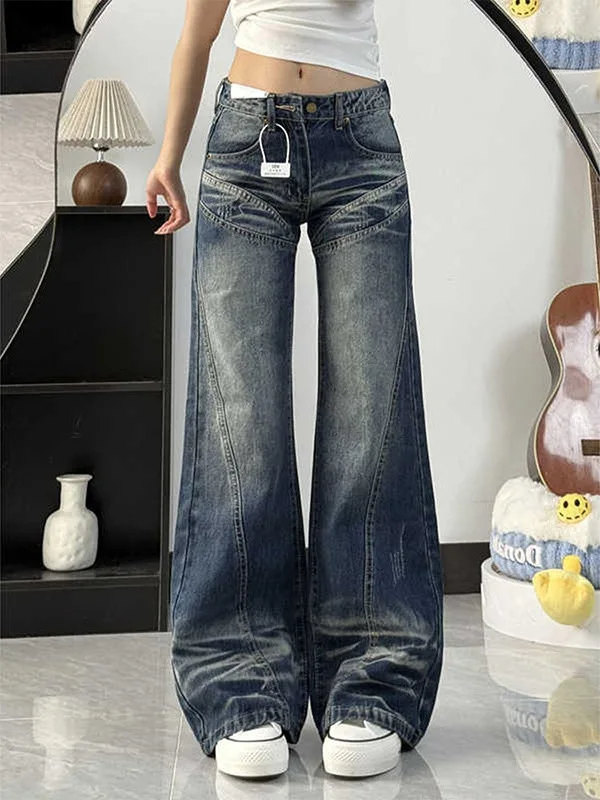 

American Retro Wide Leg Denim Jeans High Waist Women's Autumn Winter New Loose Large Size Floor-Length Pants