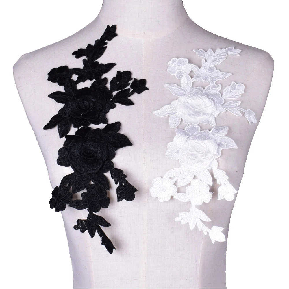 1 Pc nero bianco 3D rose fiori ricamo cucire su toppe cucito Applique ricamato vestiti fai da te