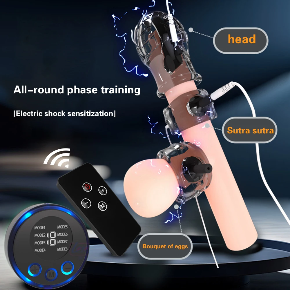 전기 충격 귀두 슬리브 진동기 사정 지연 페니스 감도 감소 트레이너 링 자위 섹스 토이 For Man Gay