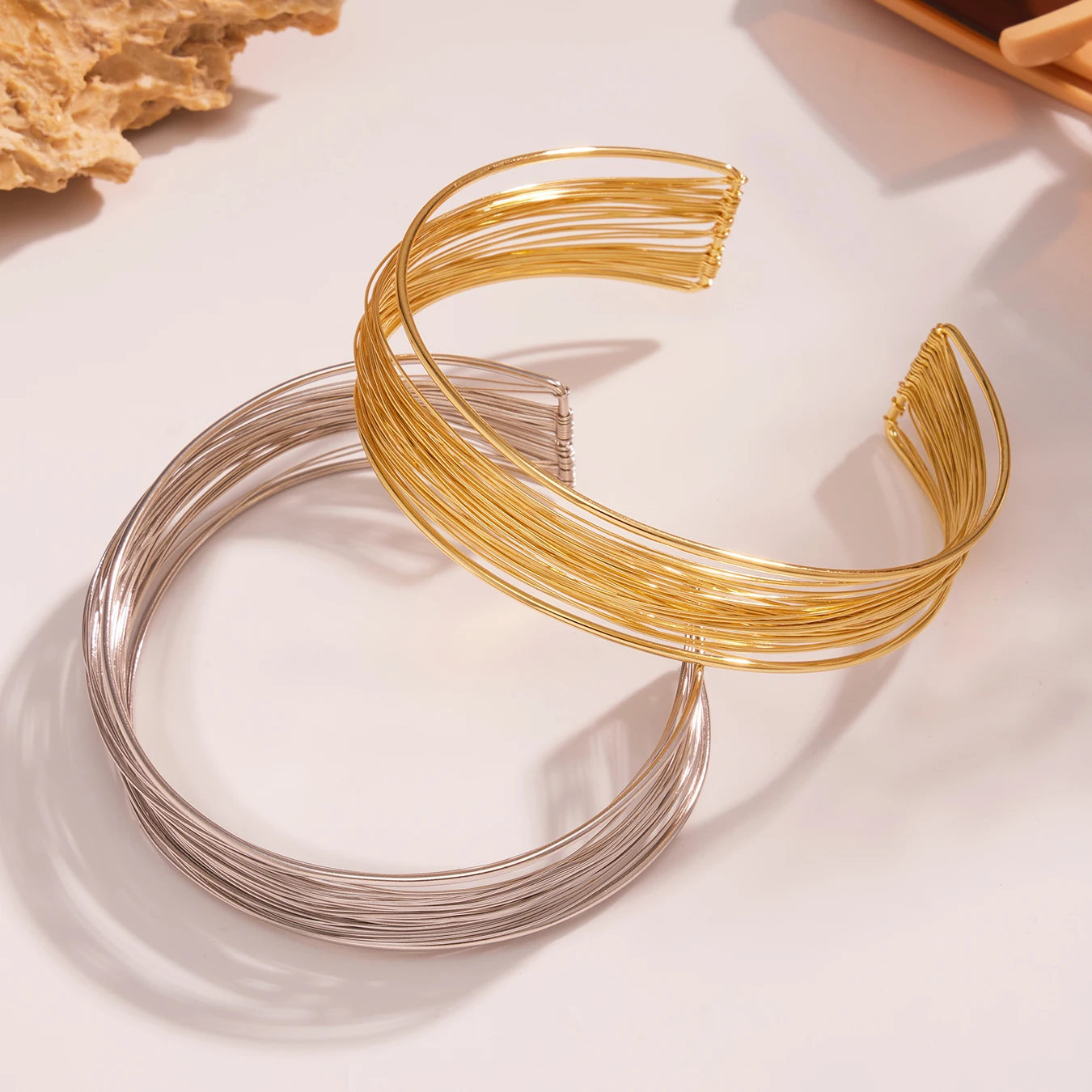 Stainless Steel Gold-plated Multi-layered Hollow Necklace Golden Silver Ring Big Wide Bracelet Bangle Women's Luxury Jewelry Set