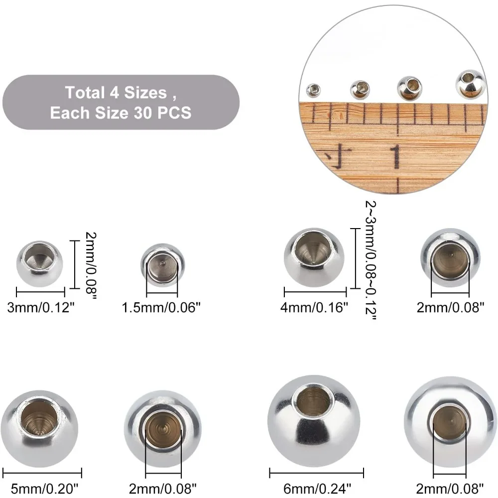 120 Stück 4 Größen Memory Wire Endkappen Edelstahl Bead Cord Endkappen Runde halbgebohrte Perlen Ball Cord Terminators Making Kit