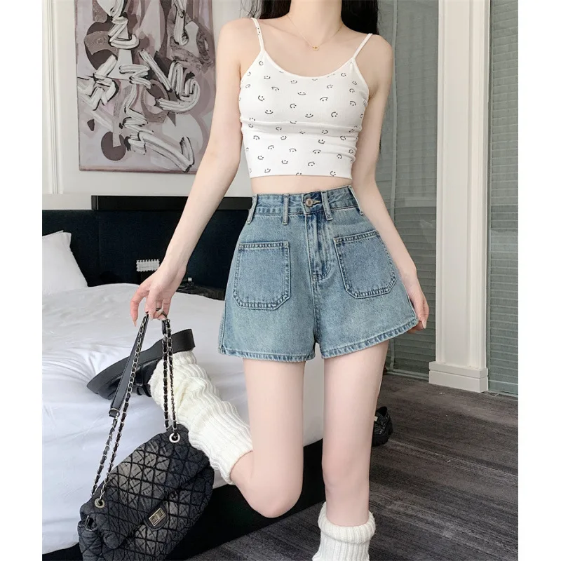 Style américain mode taille haute Denim Shorts ample rétro jambe large a-ligne pantalons chauds 2025 été nouveau mince femmes Shorts