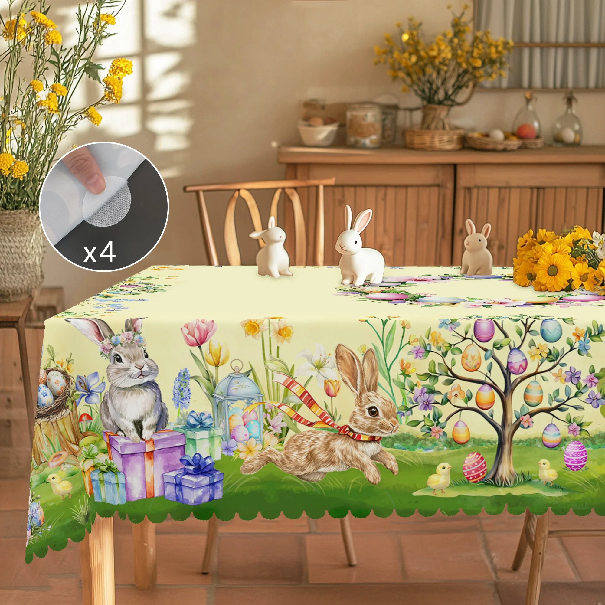 1 Easter Round Tablecloth, 5 Sizes Available, Tulip Easter Bunny Egg Garden Printed Square Tablecloth, Edge Embossing Process, Spring Garden