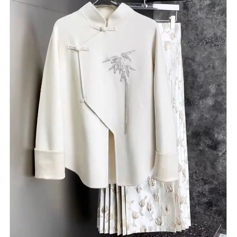

Vintage Guofeng Cheongsam with Buckle Wool Coat Horse Face Dress Women's Spring New Fashion Chinese Women's Luxury Two-piece Set