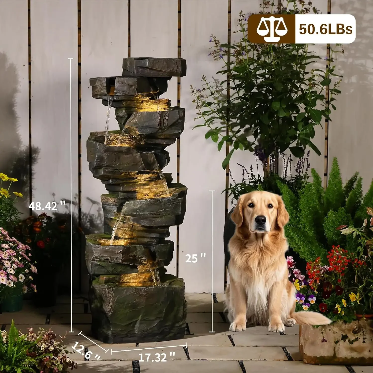 US Shipping Brand new 49H Realistic Rock Outdoor Water Fountain with 6 Tiers | Large Cascading Realistic Rock Waterfall Fountain