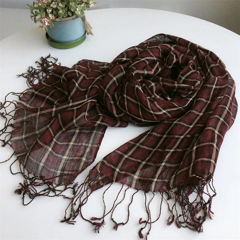 New Pure Linen Plaid Scarf Women Breathable Shawl Scarves