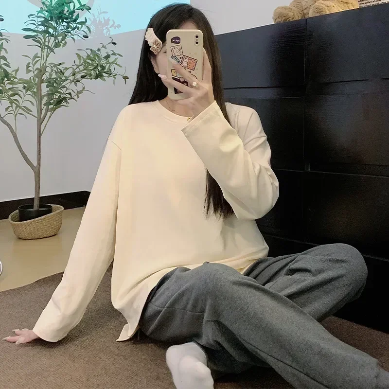 Conjunto para mujer joven, pantalones de pijama, ropa, pijamas largos informales de primavera para niña, mujer, otoño, algodón, hogar, mangas simples, salón