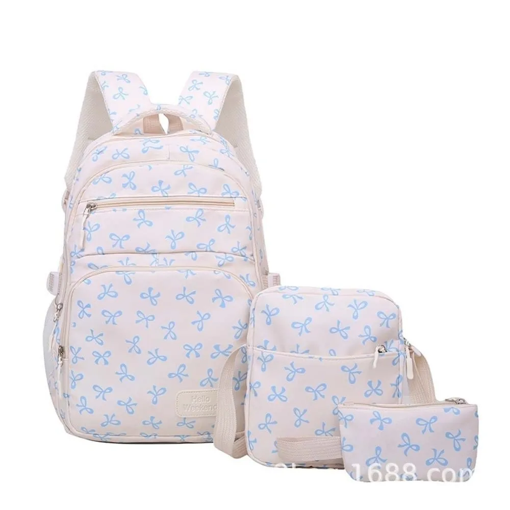 

Daypack Three-piece School Bag Set Large Capacity Casual Nylon Bow Backpack with Pen Bag Durable Students School Bag Outdoor