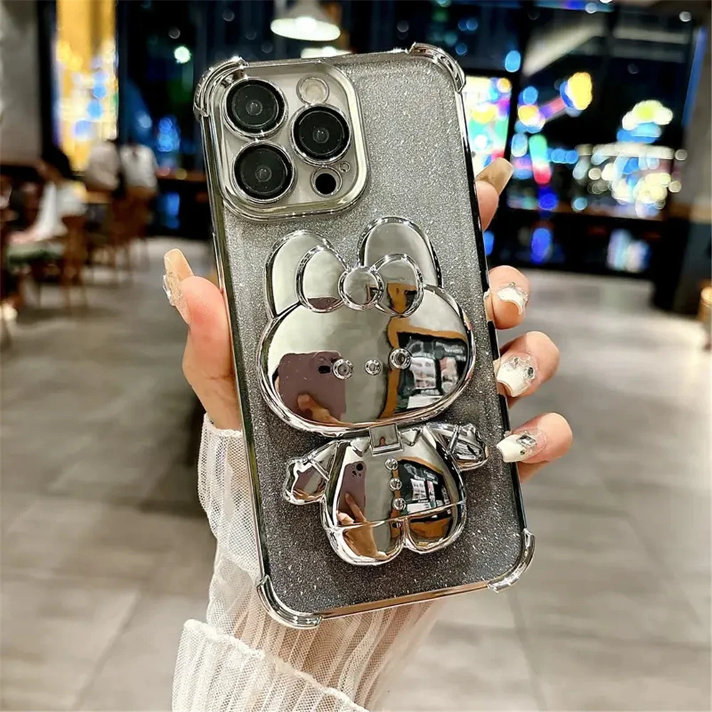 Противоударный блестящий чехол для телефона Motorola Moto G10 G20 G30 G84 G54 G82 5G G52 G71S, невидимый чехол-подставка с зеркалом для макияжа и кроликом