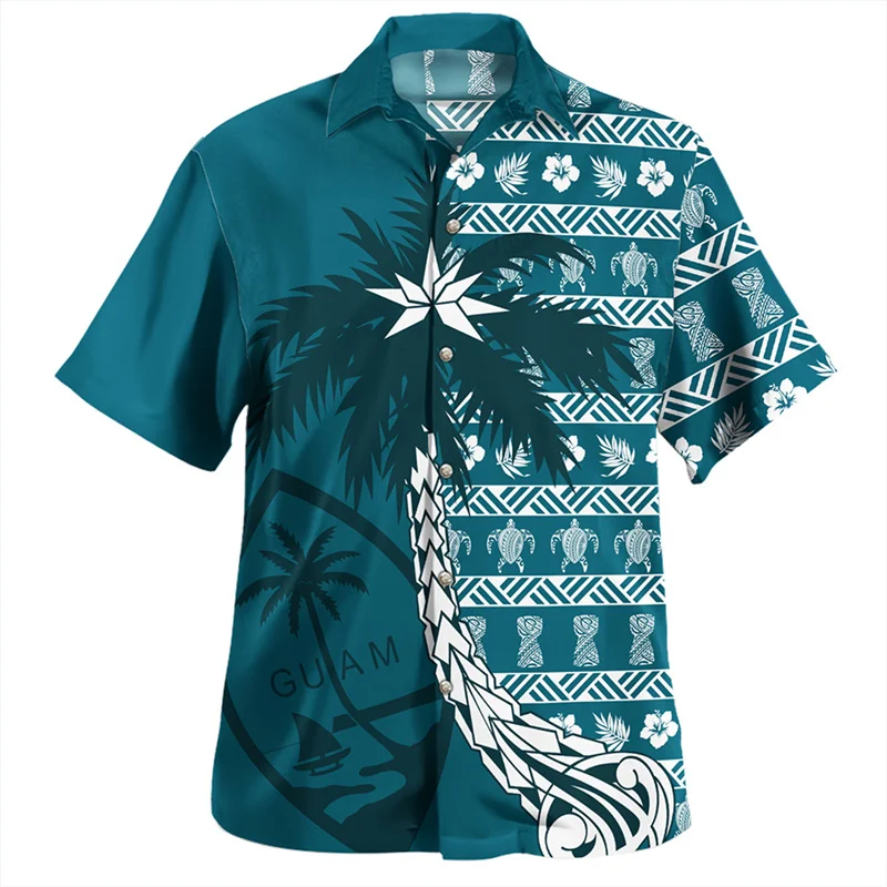 Guam Hawaiian Shirt For Men Fashion Polynesia Hibiscus Flower Oversized Shirts Summer Beach Blouse Button Lapel Short Sleeves