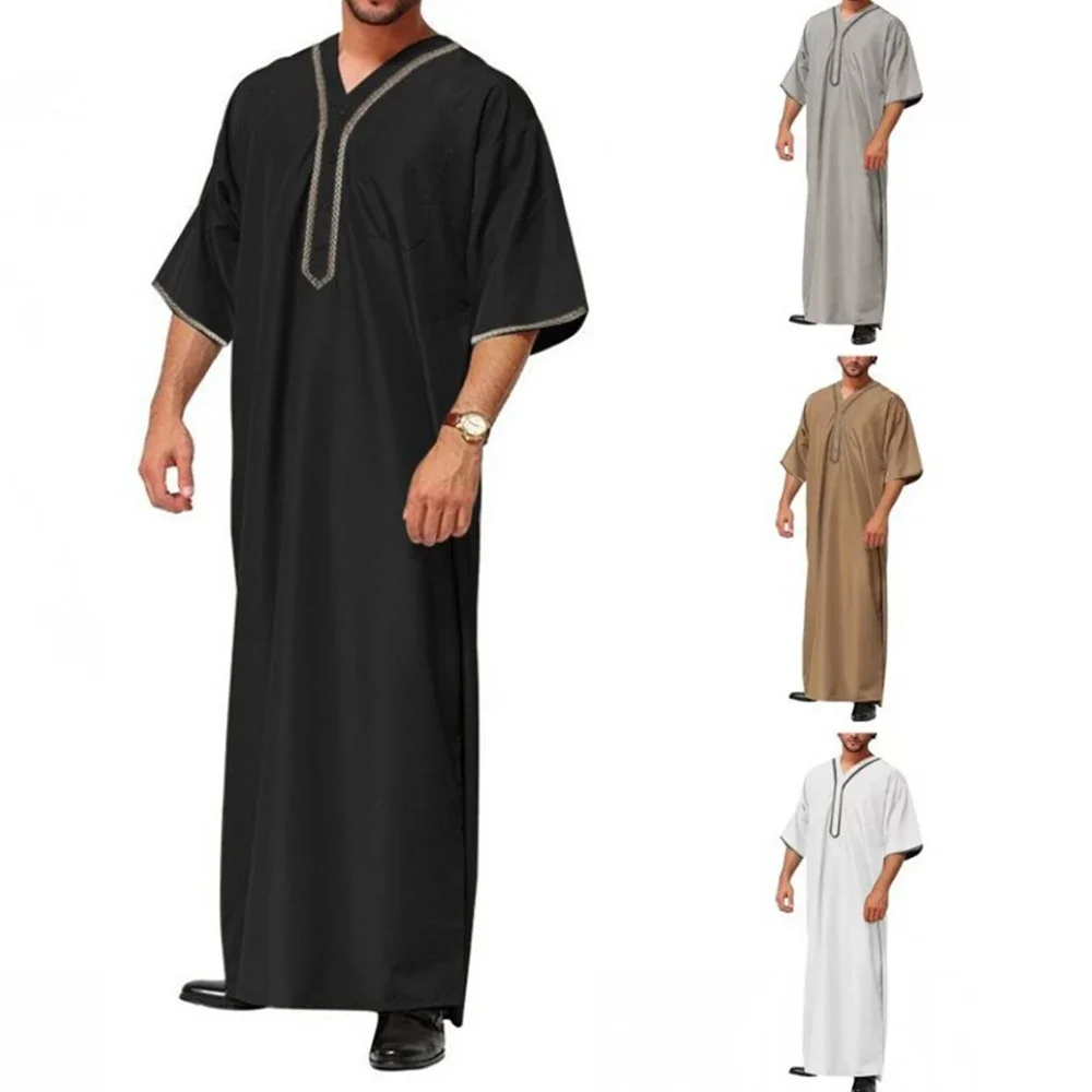 Casual Men Muslim Jubba Thobe Solid Color Soft VNeck Half Sleeve Caftan Dubai Robe Vintage Islamic Arabic Man Kaftan Abaya S-5XL