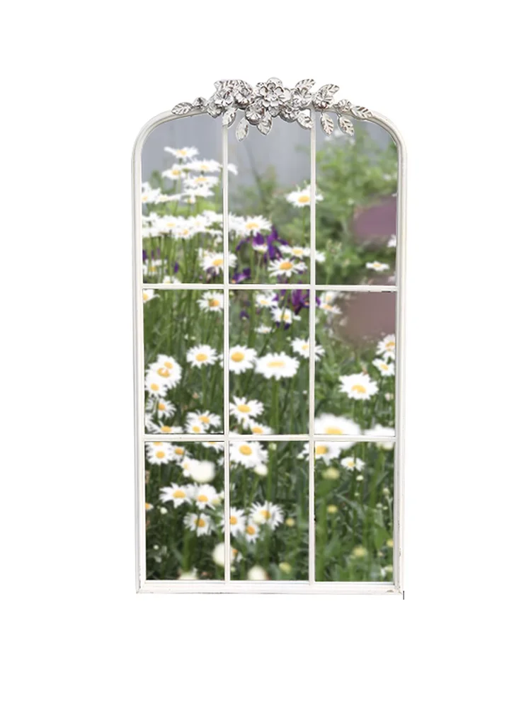 Large Beautiful Unique Decorative Flowers Adorned Top Vintage White Metal Framed Wall Mirror with 9 Grids Window Design