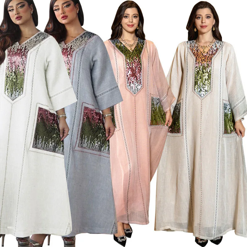 Muslim Women Jalabiya Bead Sequin Embroidey Luxury Robe Ramadan Islamic Lady Long Dress Turkey Abaya Clothes Party Evening Gown