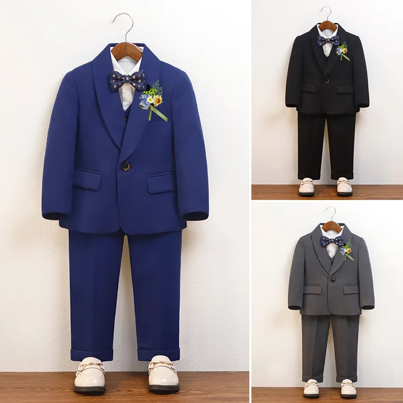 Boys Wedding Photograph Suit Kids Performance Costume Children Royal Blue Luxurious Jacket Vest Pants Bowtie Flower 5PCS Dress