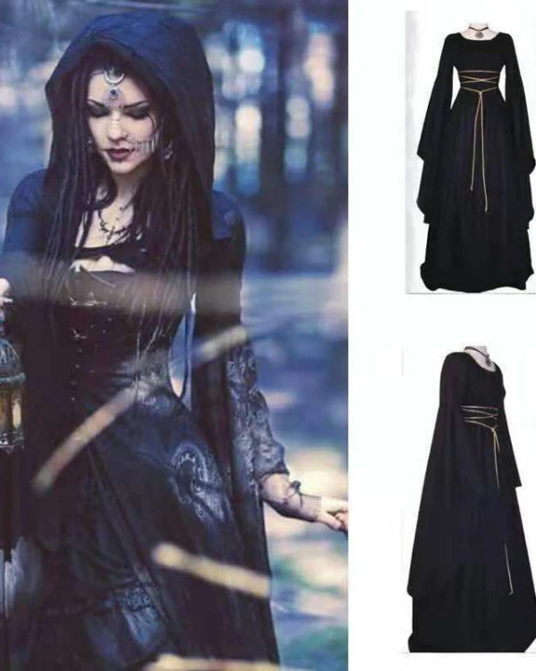 

Women's Long-Sleeve O-Neck Belted Irregular Dress Autumn Retro Lace-up Black Maxi Dress 2025 Halloween And Party Dresses Female
