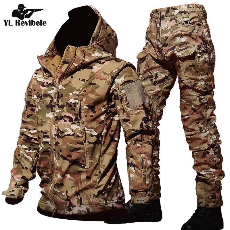 Camo Shark Skin Soft Shell Sets Men Winter Multi-pocket Wear-resistant Hooded Jackets+Outdoor Fleece Warm Cargo Pants