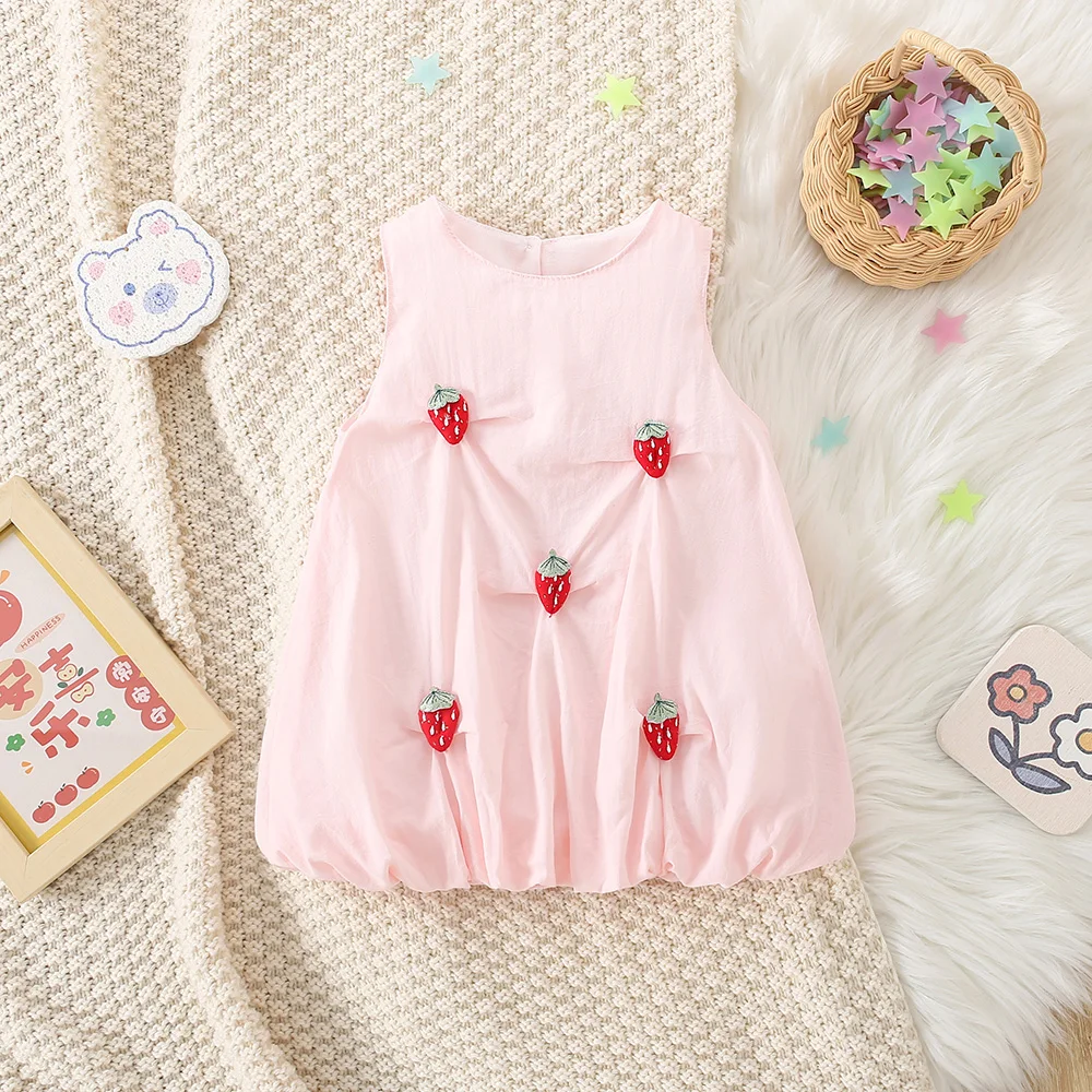 Summer baby girl dress 0-3 years old 3D mushroom strawberry pleated cotton sleeveless princess dress