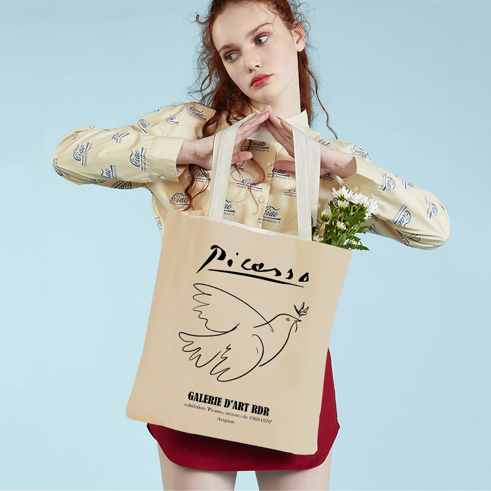 Pablo Picasso Line Dove Bouquet Cat Lady Tote Handbag Canvas Women Shopping Bags Double Print Fashion Supermarket Shopper Bag