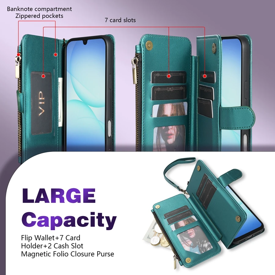 Brieftaschen-Hülle mit Mehrfach-Kartenfächern, Reißverschluss, Standfunktion und Magnetverschluss aus Leder für Samsung Galaxy S26 Ultra S25 FE S24 Plus S23 S22 S21 S20 – Detail 15