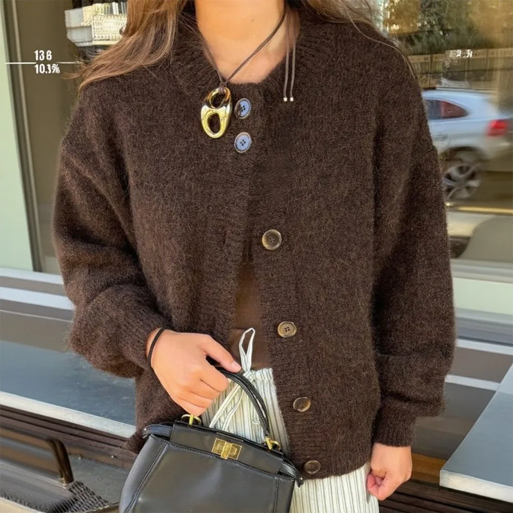 2025 Fall Winter New Fashion Women's Sweater Loose-fit Knit Cardigan Single-button Closure Solid-color Minimalist Top Jacket