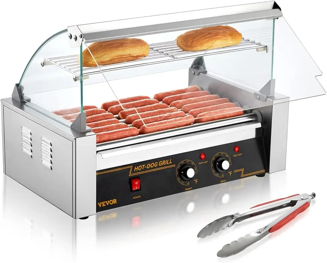 Hot Dog Roller 7 Rollers 18 Hot Dogs Capacity Stainless Sausage Grill Cooker Machine with Dual Temp Control Glass