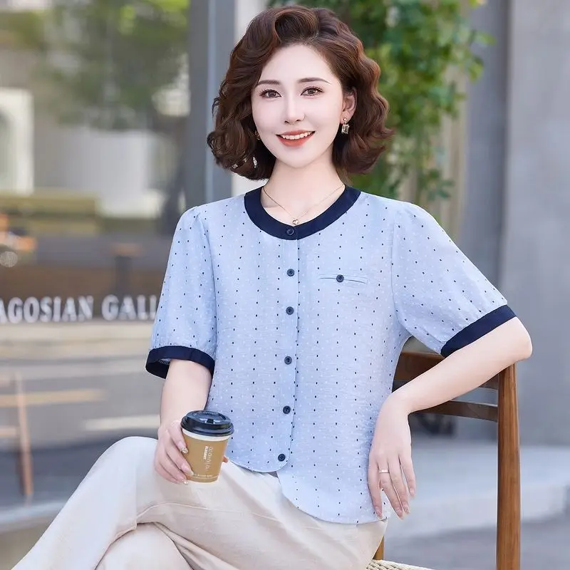 

Contrasting Color Polka Dot Short-sleeved Shirt New Loose and Slimming Age-reducing Versatile Cardigan Fashionable Top