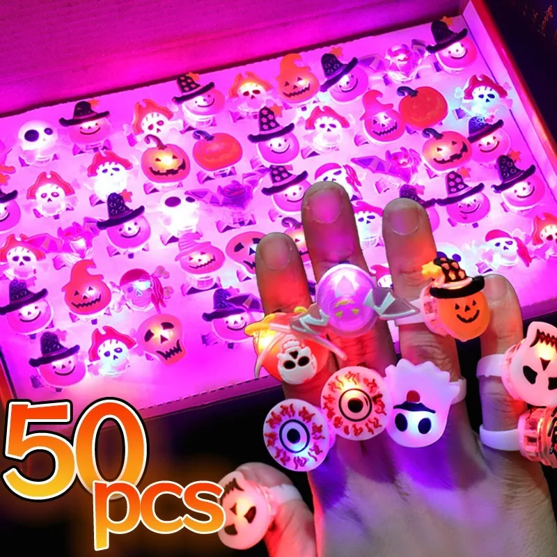 10/50Pcs Halloween Luminous Rings Creative Pumpkin Ghost Skull LED  for Children Finger Rings Toys Lights Jewelry Party Gifts