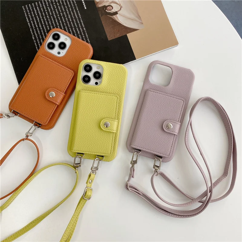 Luxury Crossbody lanyard card holder wallet leather case for iPhone 16 13 16pro 12 15 pro max 11 14 14pro 15pro Mini phone bag