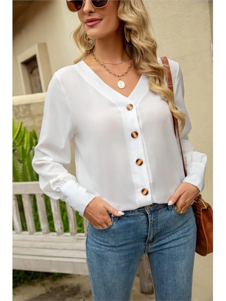 Spring Autumn New Women's Clothing Long Sleeve Women's Shirt Sexy Deep V-neck Button Long Sleeve Comfortable Chiffon Shirt