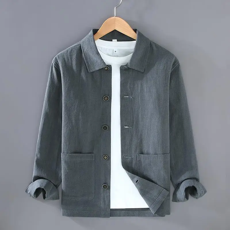 Men's Cotton Linen Fabric Shirt Jacket Top Casual Long Sleeve Pocket Design Japanese Style Versatile Inner Wear Summer 2015
