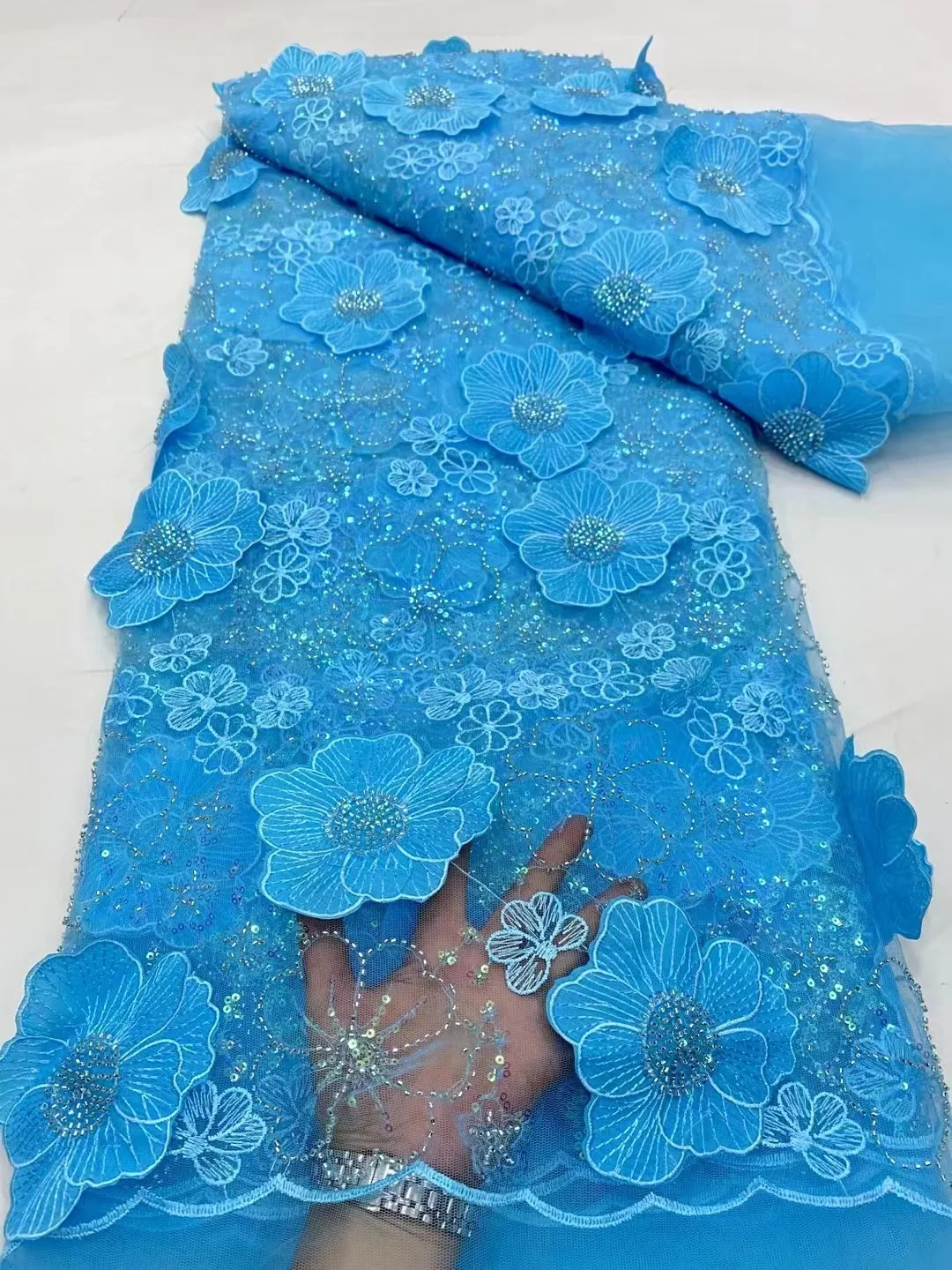 

Fashion Hand Made Beaded Lace Fabric 2023 African 3d flower Lace Fabric French Lace Fabric Nigerian Lace Fabric For Party 5Yards