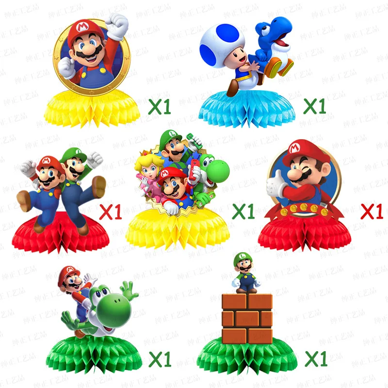 

7pcs/set Super Mario Bros Honeycomb Paper Ornaments Game Theme Birthday Party Desktop Decorations Supplies Kids Gifts