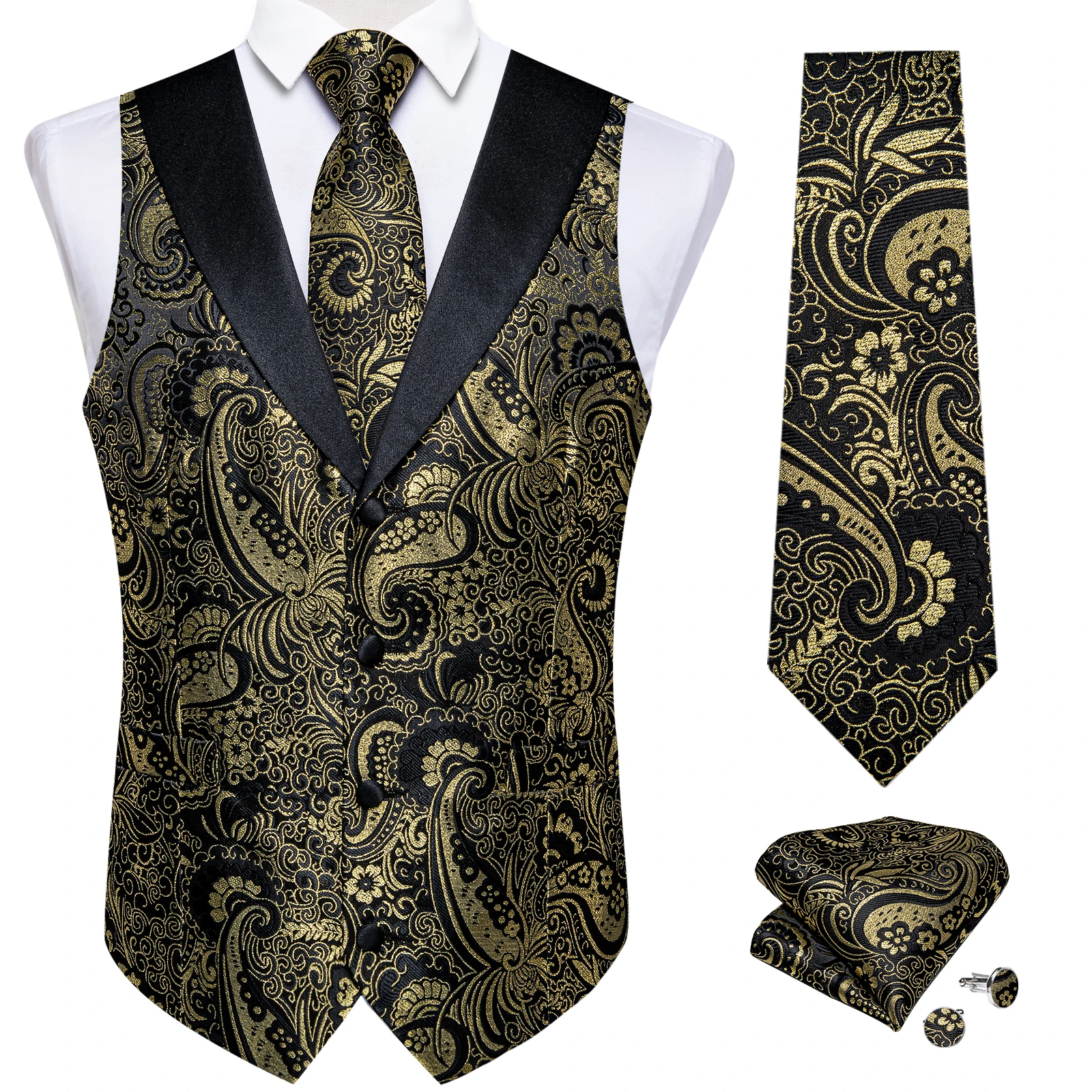 Men\'s Paisley Silk Suit Vest with Macthing Golden Paisley Neck Tie Handkerchief Cufflinks Wedding Prom Tuxedo Waistcoat