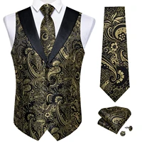 Chaleco de traje de seda de Cachemira para hombre con corbata de cuello de Cachemira dorada, gemelos, chaleco de esmoquin para fiesta de boda