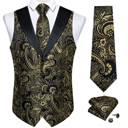 Men's Paisley Silk Suit Vest with Macthing Golden Paisley Neck Tie Handkerchief Cufflinks Wedding Prom Tuxedo Waistcoat