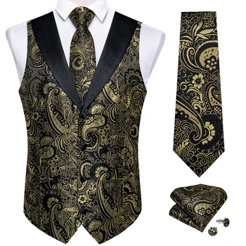 Men's Paisley  Suit Vest with Macthing Golden Paisley Neck Tie Handkerchief Cufflinks Wedding Prom Tuxedo Waistcoat