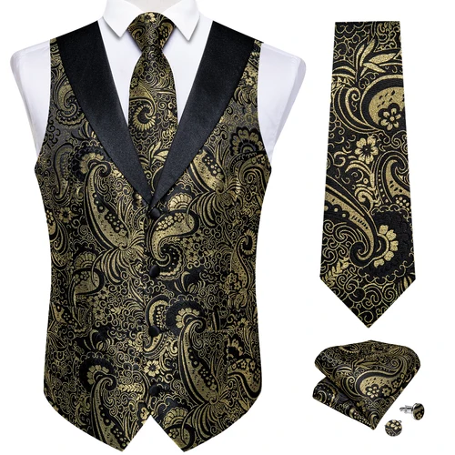 Chaleco de traje de seda de Cachemira para hombre con corbata de cuello de Cachemira dorada, gemelos, chaleco de esmoquin para fiesta de boda