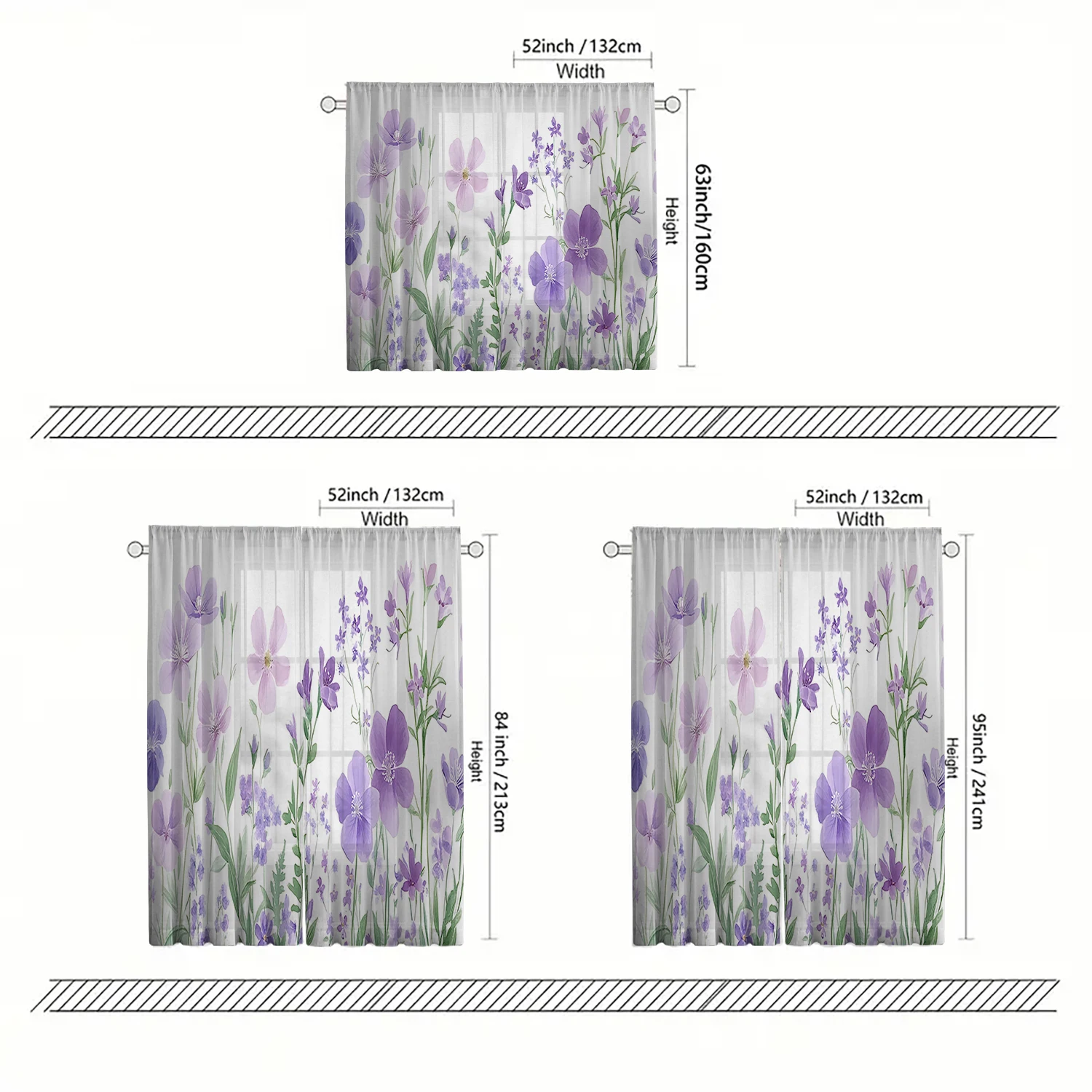 2 Pieces HD Digital purple flowers Printed Window Screen Home Decor Style Decoration Living Room Bedroom Rod