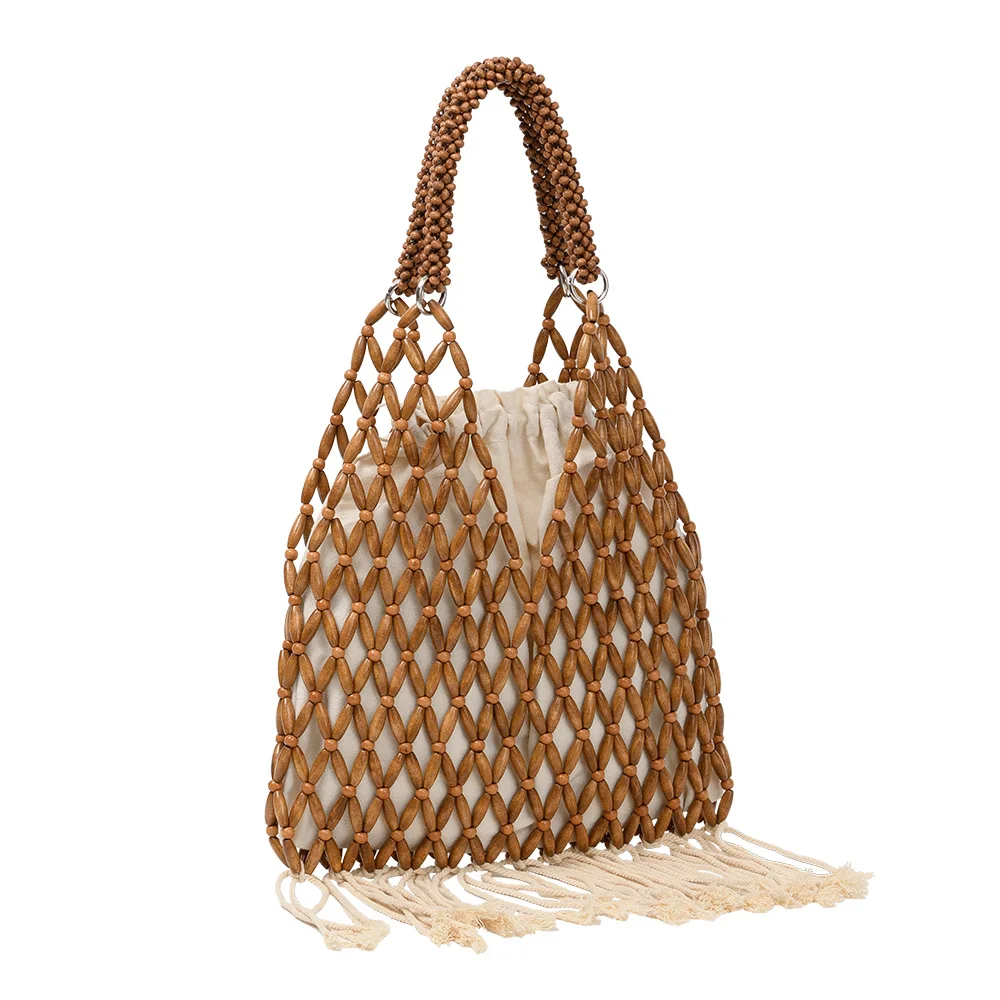 

NEW Women Woven Tassels Design Hollow-out Wooden Bead Tote Bucket Shoulder Bag Female Reticulate Netted Canvas Beach Handbag