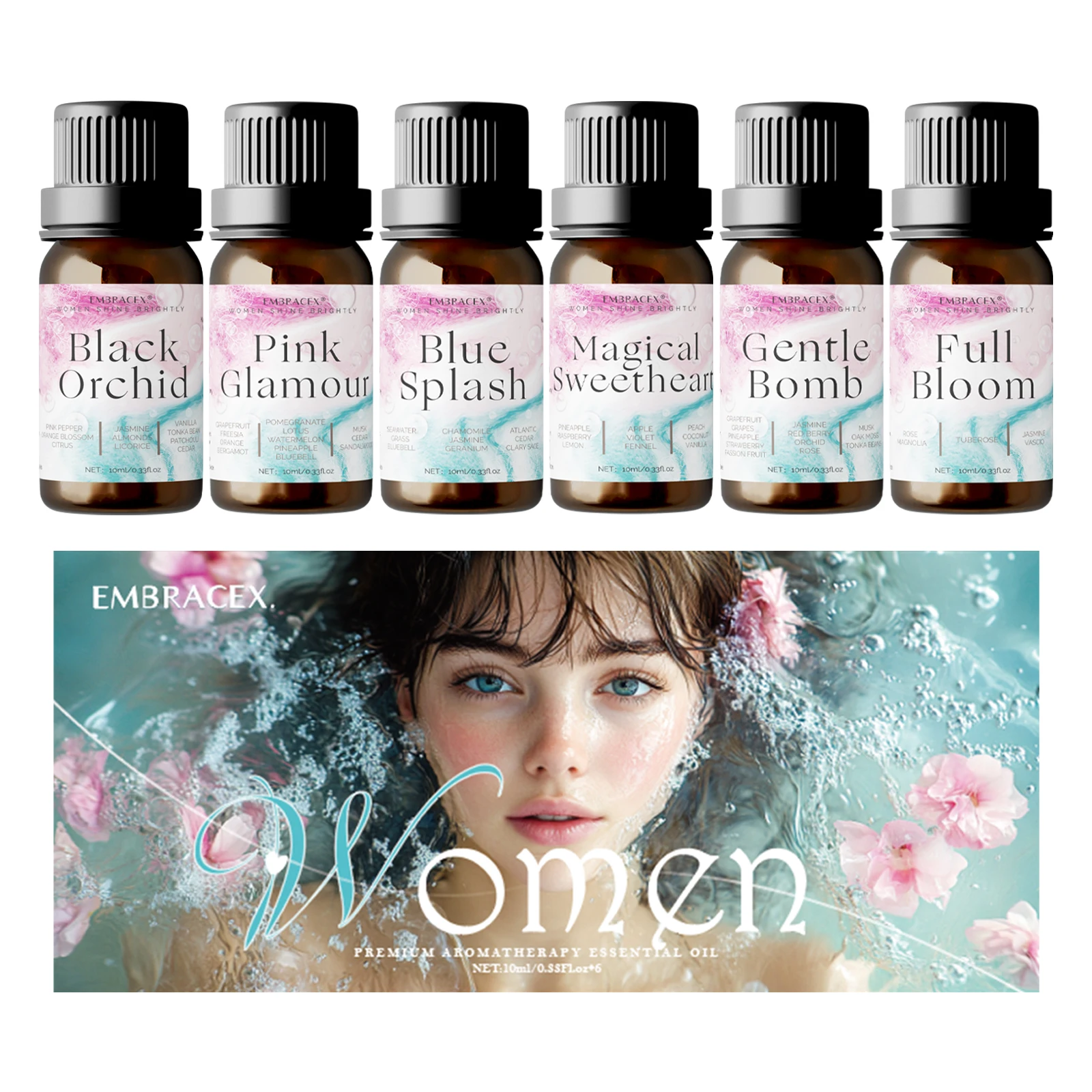 

6PCS 10ML Women Essential Oils female perfume-Blue Splash Magical Sweetheart Pink glamour Gentle bomb Black orchid Full bloom