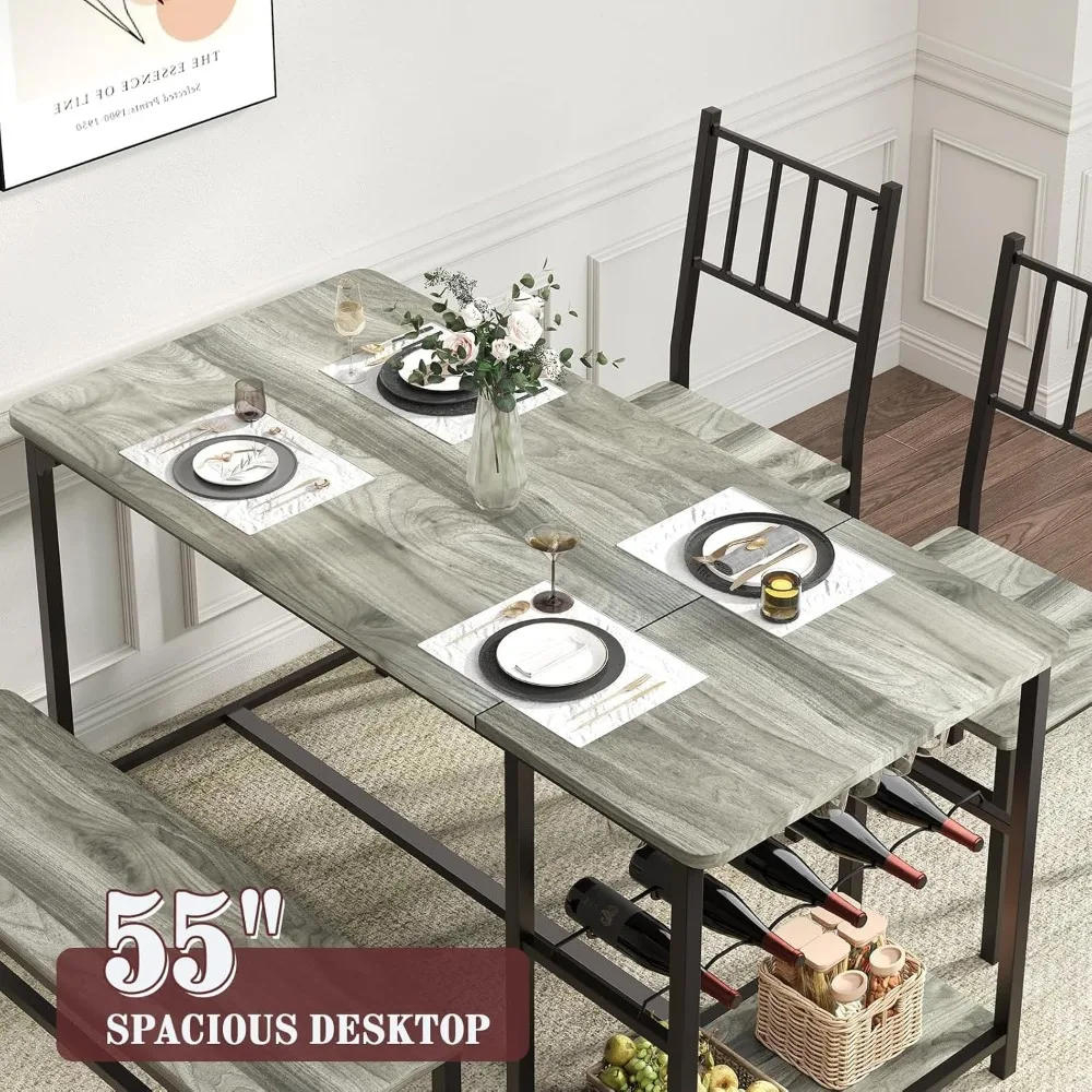 Kitchen Dining Table Set for 4 with Storage Shelf, Wine Rack, and Glass Holder, 55-inch Space-Saving Solution