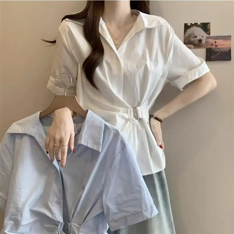 

Irregular waist short-sleeved shirt women's 2025 spring and summer new design slim temperament fashion top shirt women