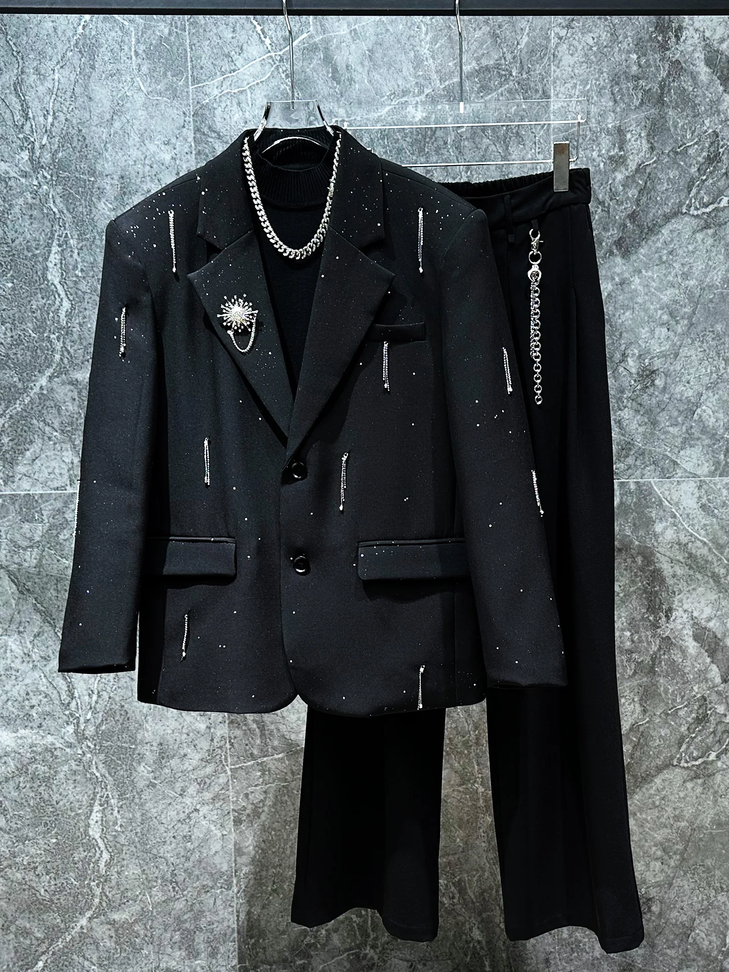 

New Korean Sle Gold Stamp Stage Costume Jaet Loose Luxury Design Men's Suit Outerwear Casual Long Sve Spring Autumn