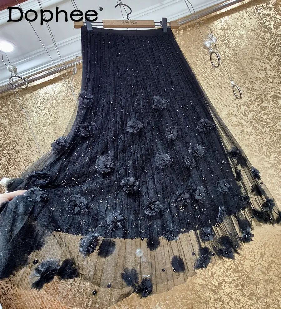 Luxury Three-Layer Bright Silk Full Body Flower Petals Lace Swing Mid-Length Skirt Women Spring Summer New Black Oversized Skirt