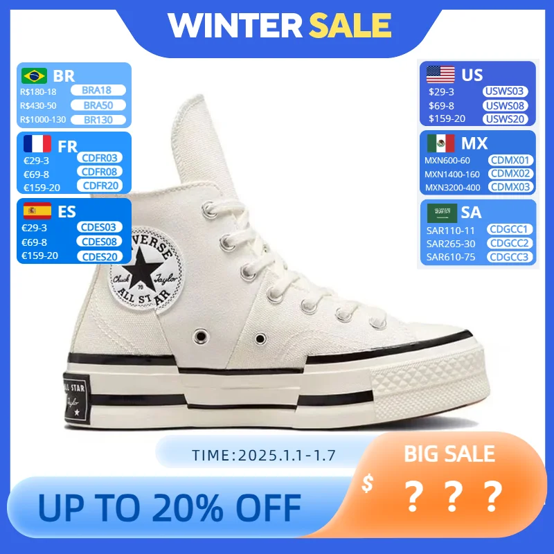 Converse Chuck 70 Plus Chuck Taylor Men and Women Skateboard Sneakers High Casual Shoes Breathable Sports Canvas Shoes White