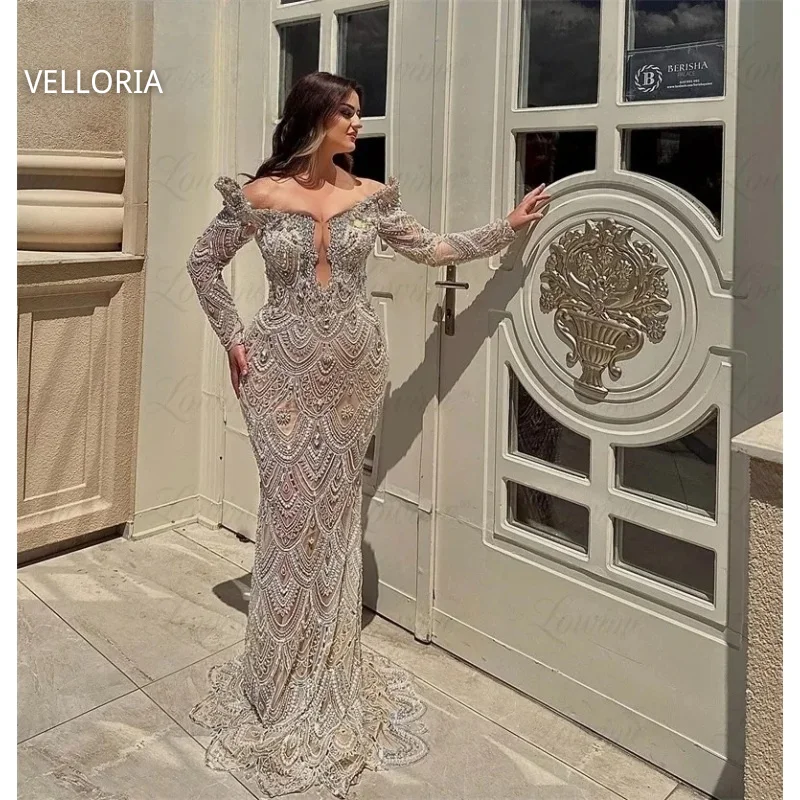 

Ivory Lace Wedding Party Dress Luxury Beaded Long Sleeved Evening Gown Sexy One Shoulder Ball Gown Vestdos De Fiesta Customized
