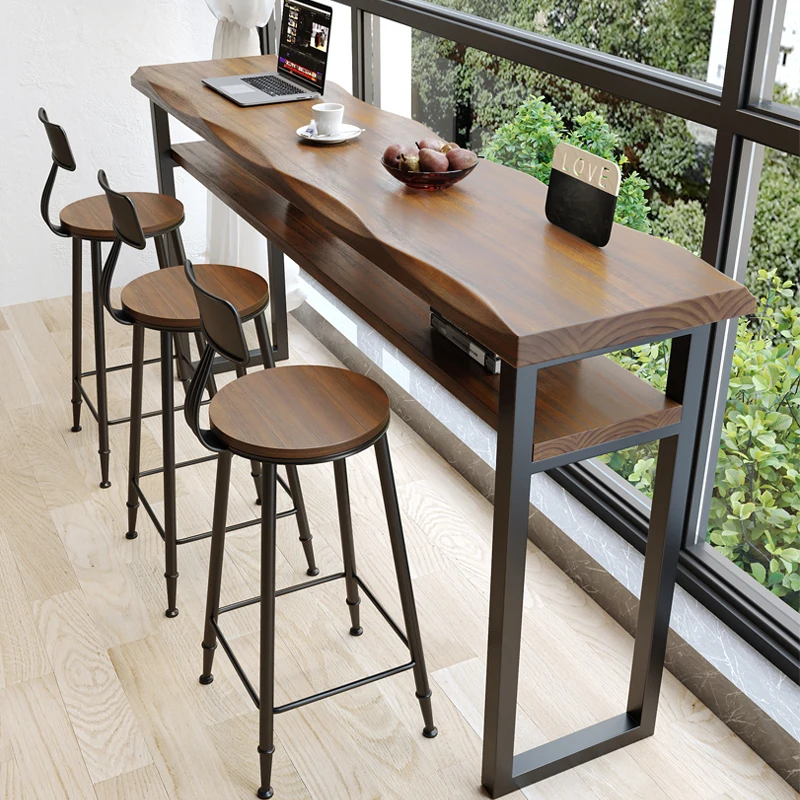 Retro balcony Home bar table Double-layer solid wood window against the wall Narrow table Long strip High and low foot long tabl