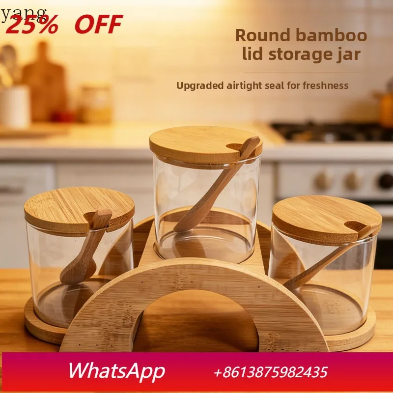

LH Kitchen Glass Seasoning Jar Three-piece Seasoning Jar Salt and Sugar Set Bamboo and Wood Cover