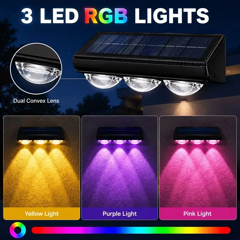 3LED RGB Solar Wall Light Outdoor Waterproof IP54 Dual Convex Lens Color Changing Solar Fence Lamp Solar Powered Wall Wash Light