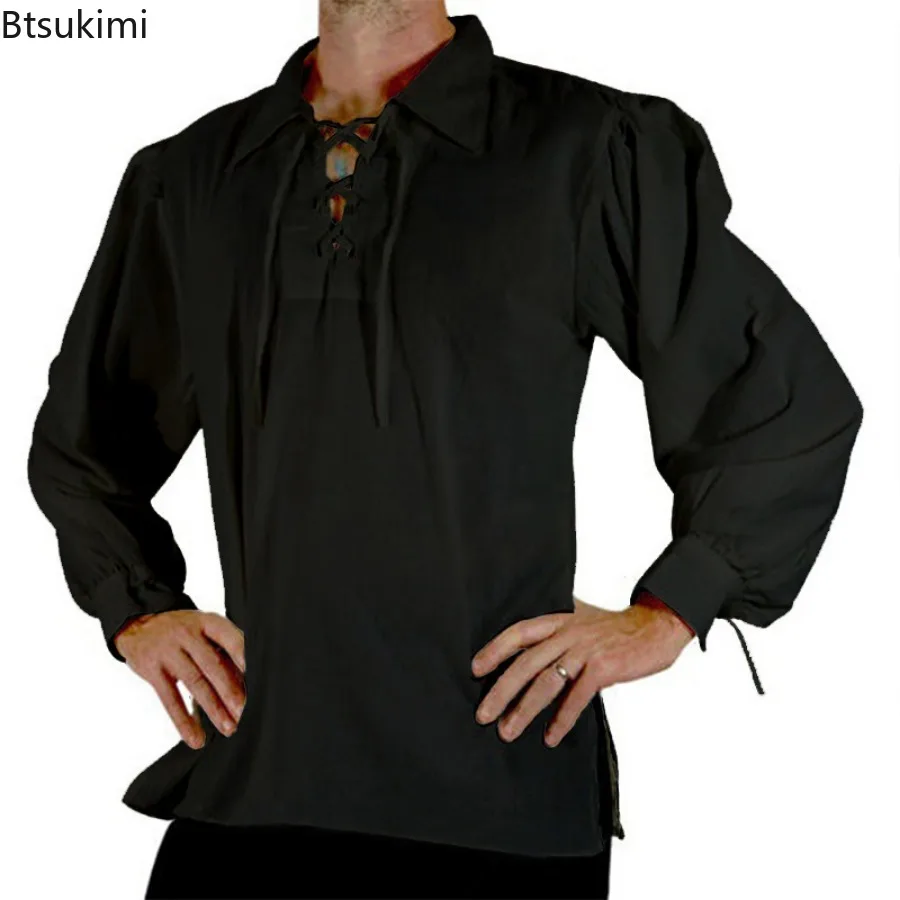 Lapel Strap Men Shirt Medieval Renaissance Cosplay Shirt Lace-up Long Sleeve Loose Fit for Adult Men's Historical Costume Men